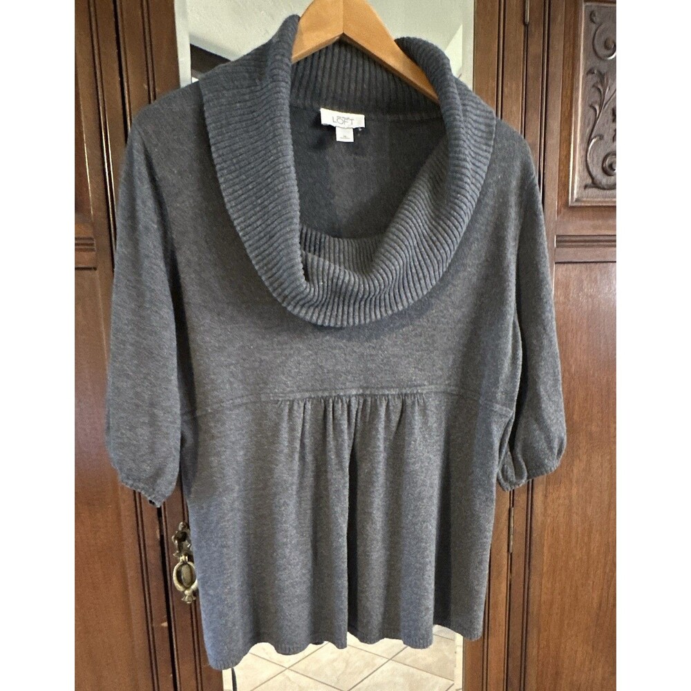 ANN TAYLOR LOFT Charcoal Gray Cowl Neck Sweater Sz XL Short Sleeve Empire Waist